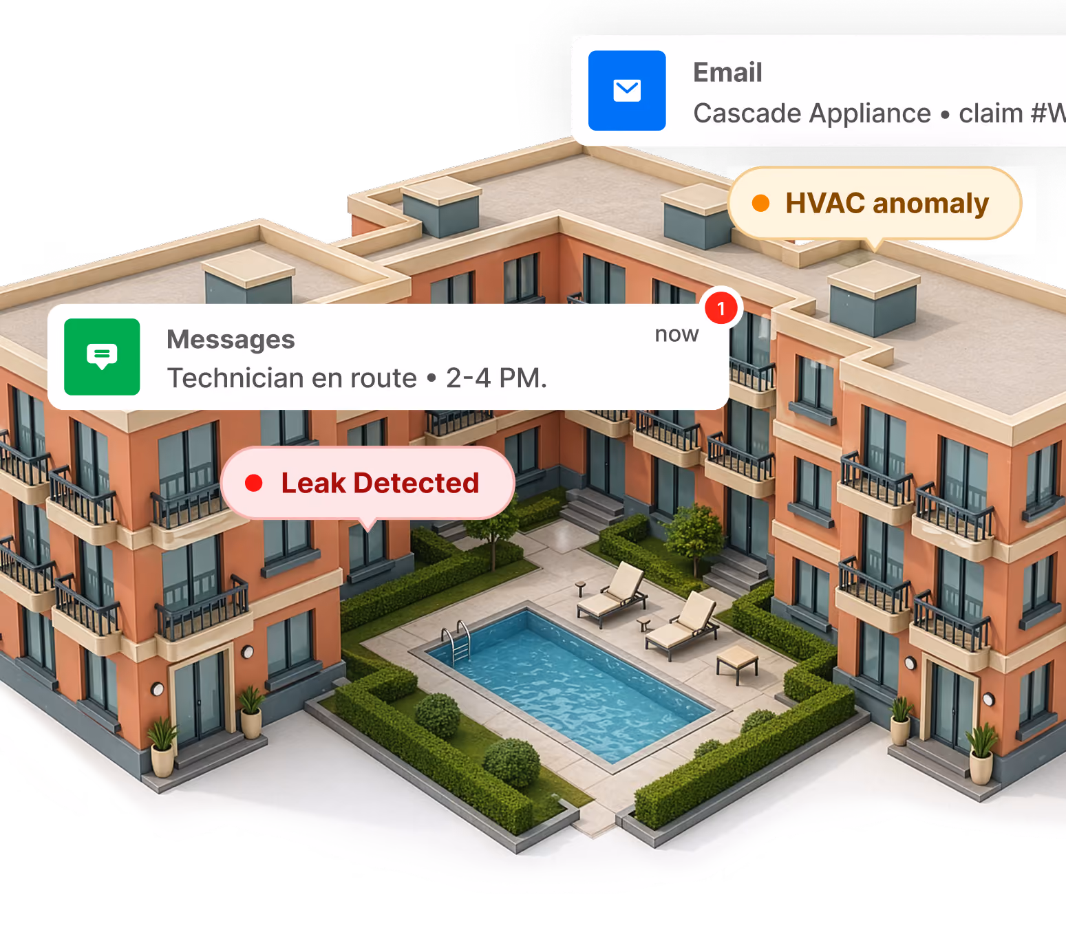 Building complex with pool and alerts for HVAC anomaly, leak detected, and technician en route message.