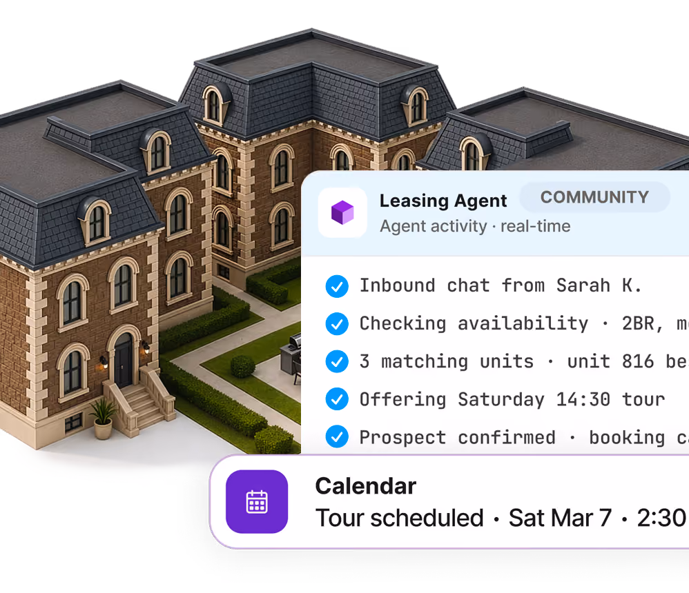Virtual leasing agent interface showing real-time chat, availability checks, and scheduled tour details.