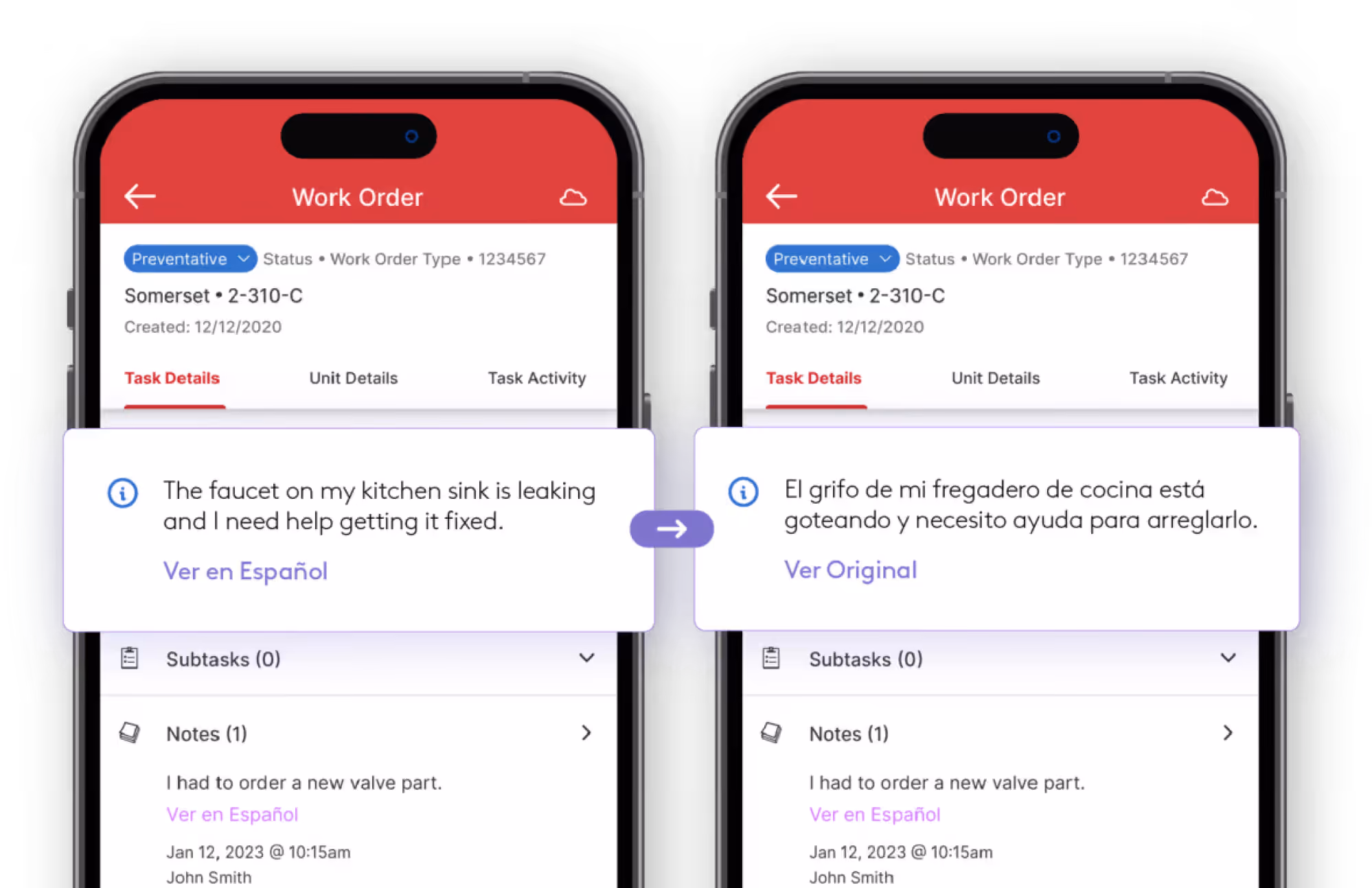resident app showing work order translation functionality
