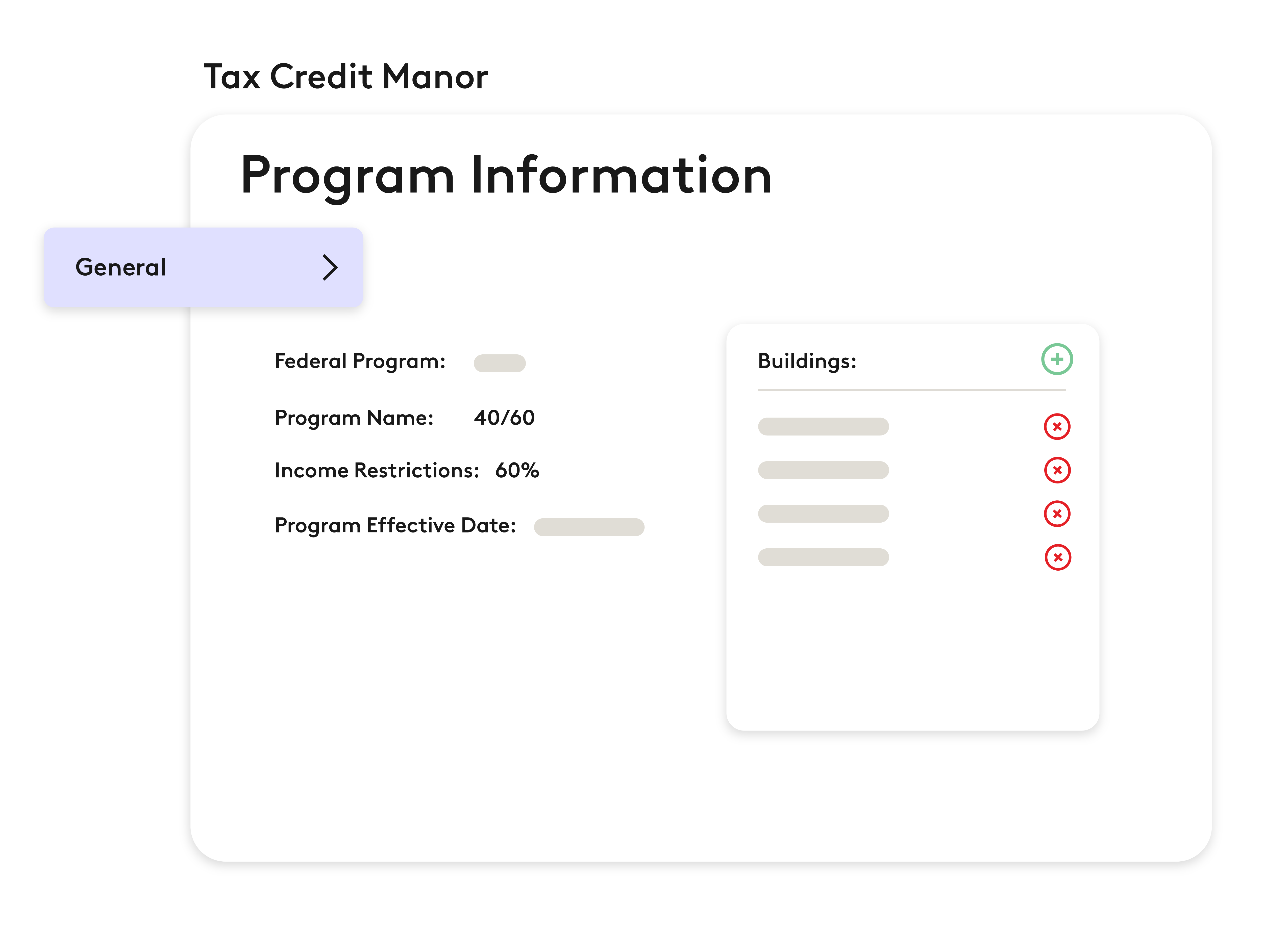 A program information screen showing federal program details, income restrictions, effective dates, and building compliance indicators.