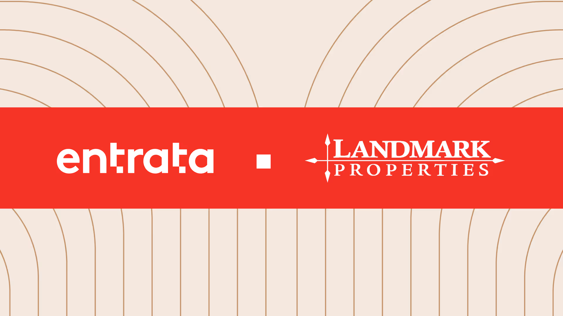 Entrata and Landmark Properties logos displayed side by side on a red horizontal banner, with Entrata on the left and Landmark Properties on the right, set against a light beige background with curved line patterns.