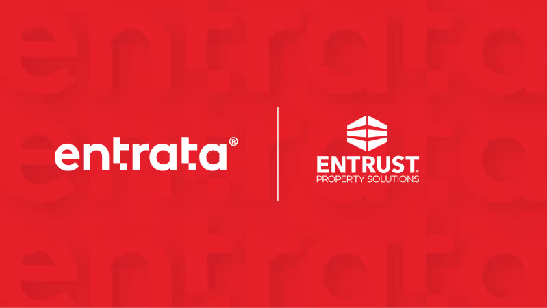 Entrata and Entrust Property Solutions logos displayed side by side on a red background