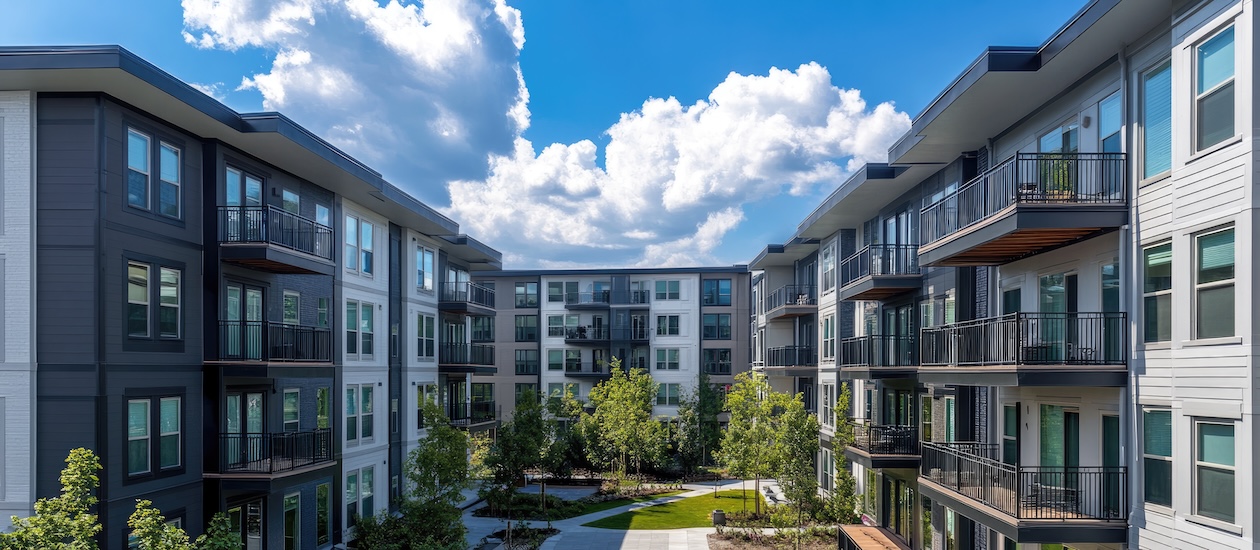 Modern multi-story apartment buildings with dark grey and white facades frame a landscaped inner courtyard featuring lush green trees and walking paths. Under a bright blue sky with large white clouds, each unit includes a private balcony with black metal railings.