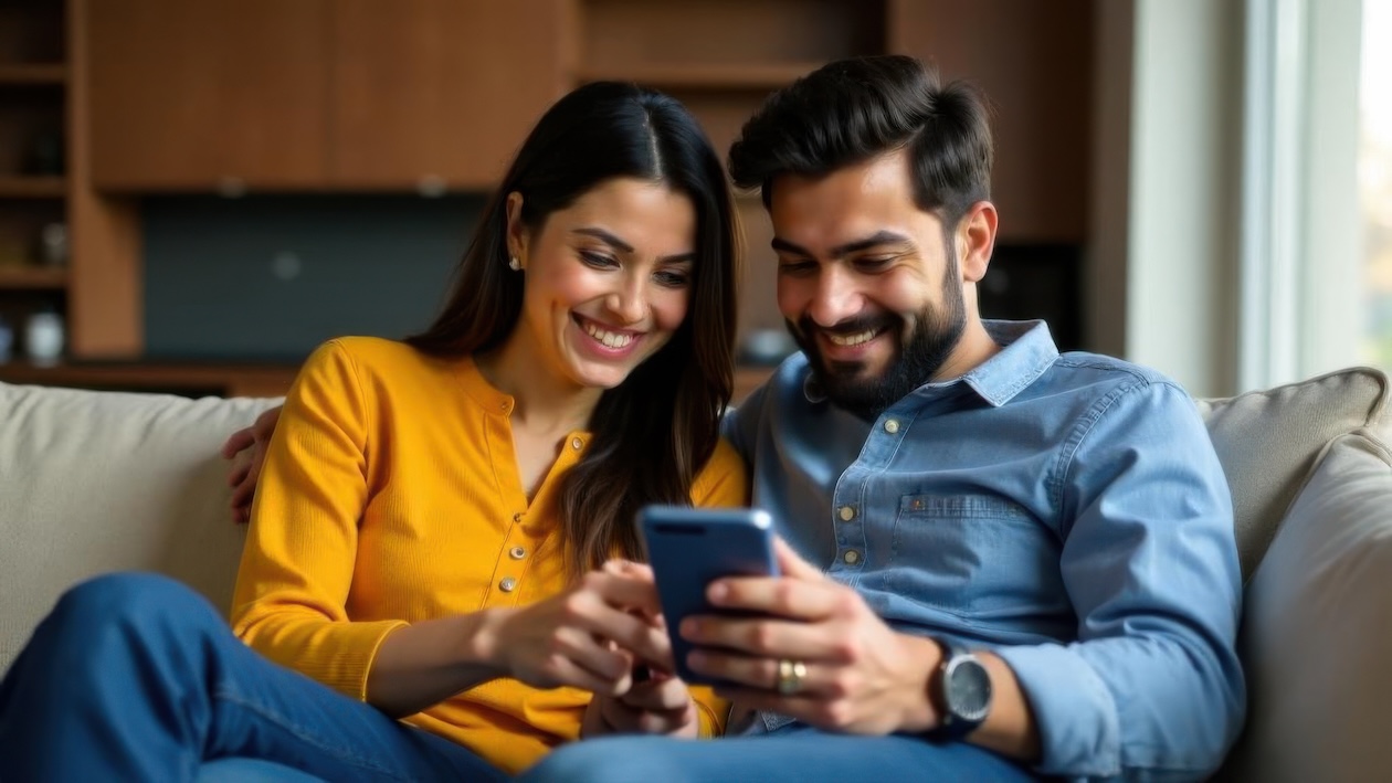 A smiling couple sits on a couch, together looking at a smartphone held by the man. He wears a blue denim shirt, and she wears a yellow sweater.