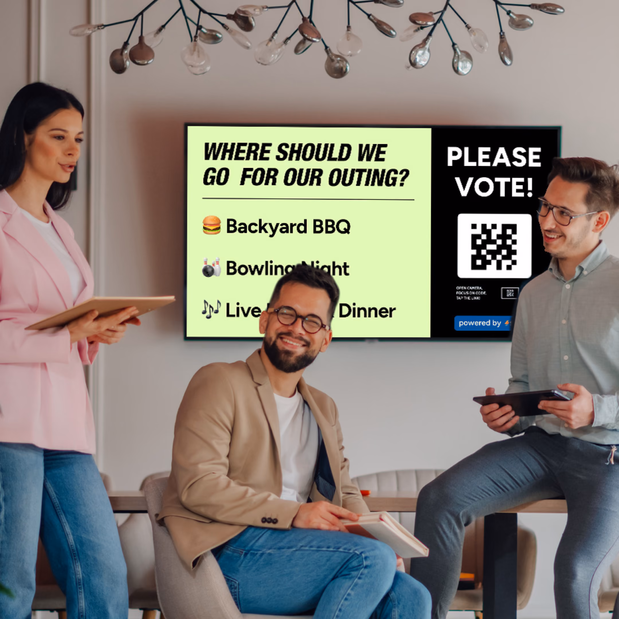 3 people sitting around a digital screen engaging in conversation