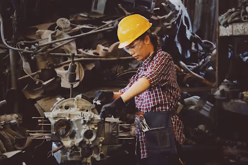 A woman wearing a hard hat and glasses working on an engine