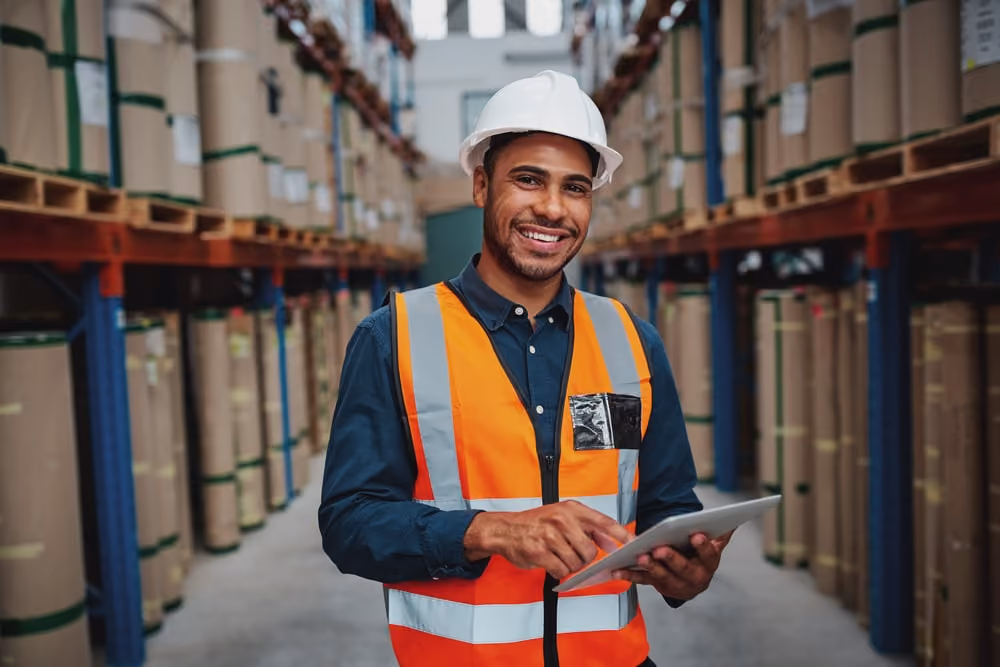 A man in a hi vis vest wearing a hard hat and holding a clipboard smiling