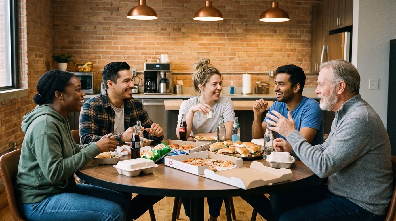 boss having breakroom lunch with team