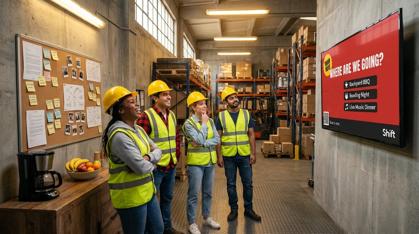  A group of individuals in safety vests stands in front of a large screen displaying information. 