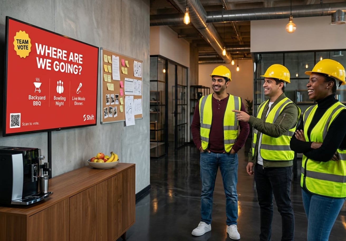 A group of individuals in safety vests stands in front of a large screen displaying information.