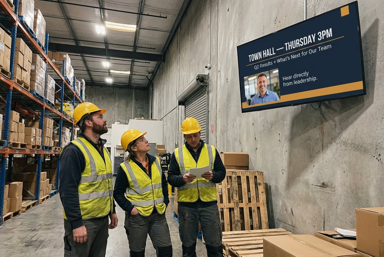 Three men wearing hard hats stand together in a warehouse, surrounded by shelves and industrial equipment.  