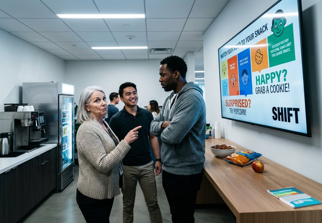 Three colleagues engaged in discussion in an office with a large TV displaying a presentation in the background.