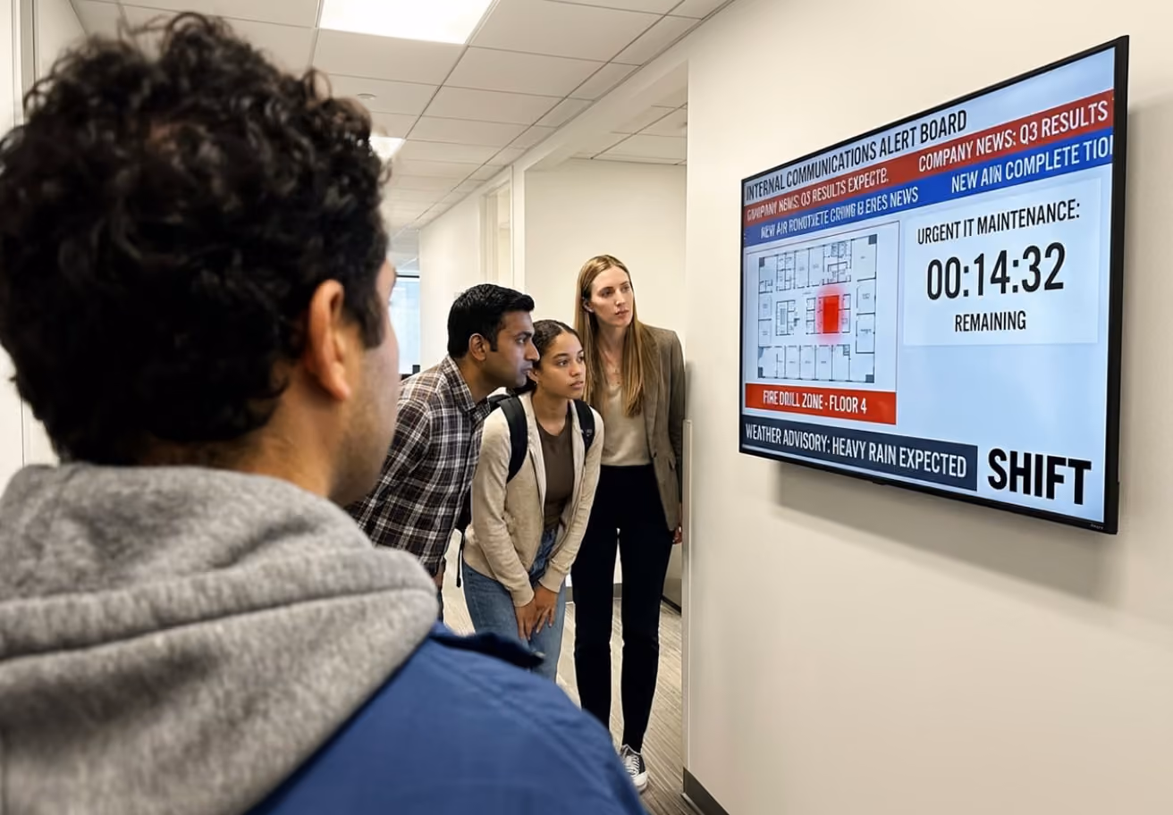 A diverse group of people attentively watching a large screen displaying information or a presentation.