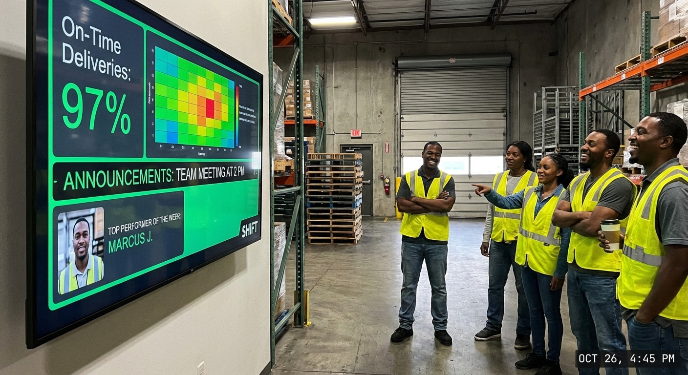 A group of people in a warehouse attentively watching a large screen displaying information or visuals. 