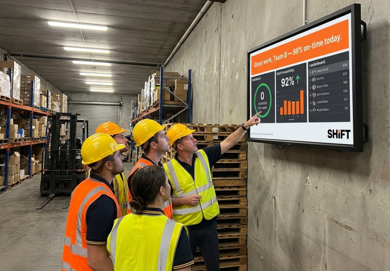 A group of people in a warehouse attentively watching a large screen displaying information or visuals.  