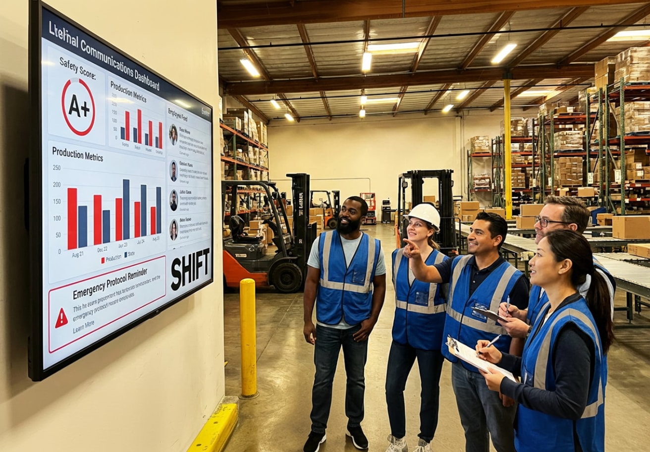 Several individuals gathered in a warehouse, focused on a large screen showing presentations or data.  