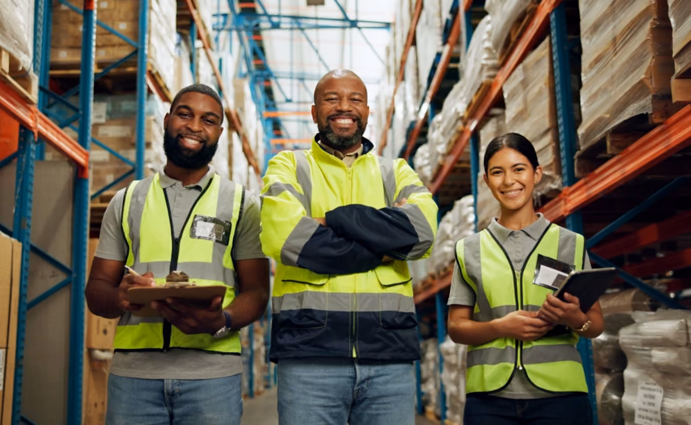 Three workers stand in a warehouse, surrounded by tall shelves filled with various items.