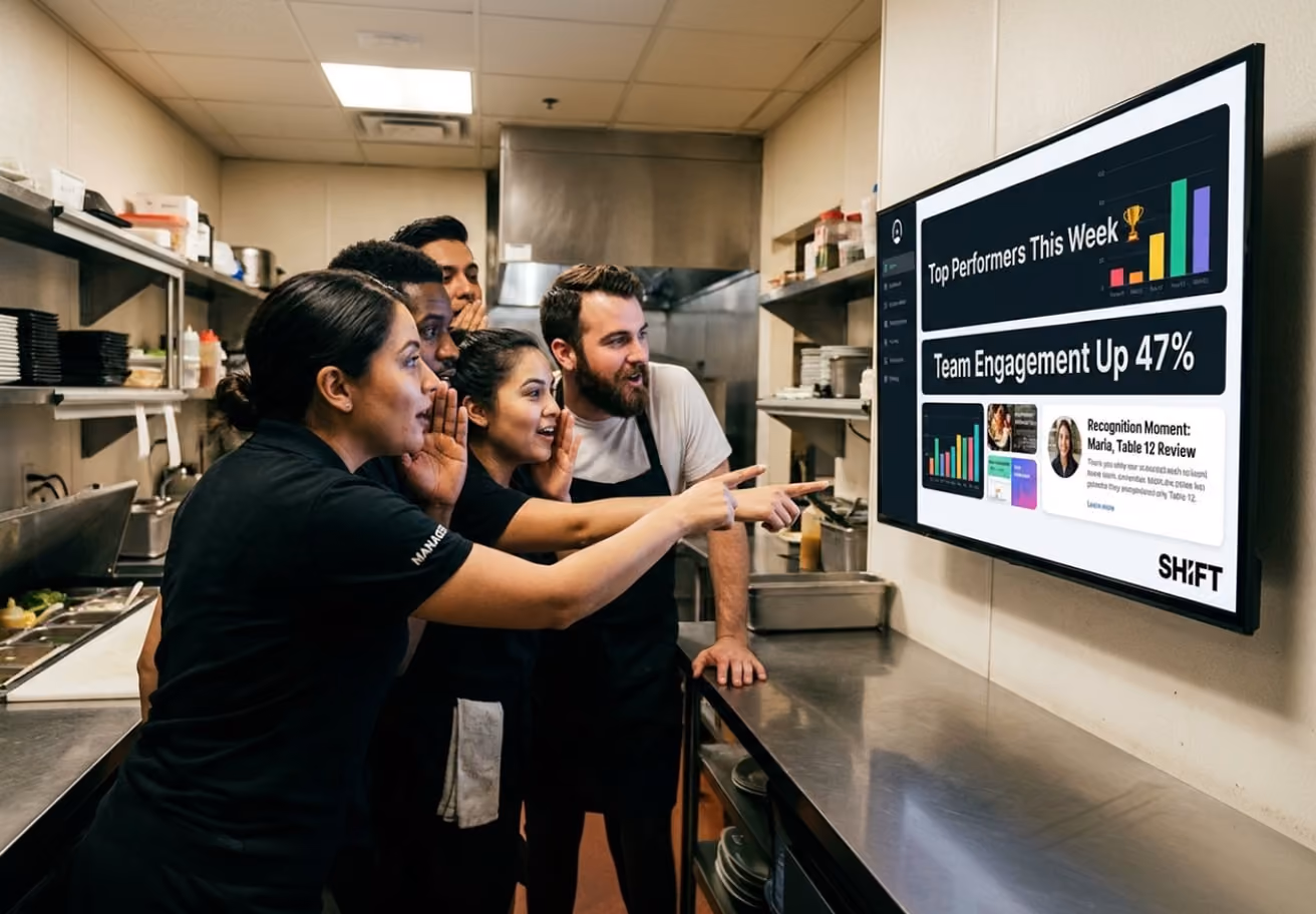 A group of people gathered in a kitchen, attentively watching a large screen displaying information or a presentation.