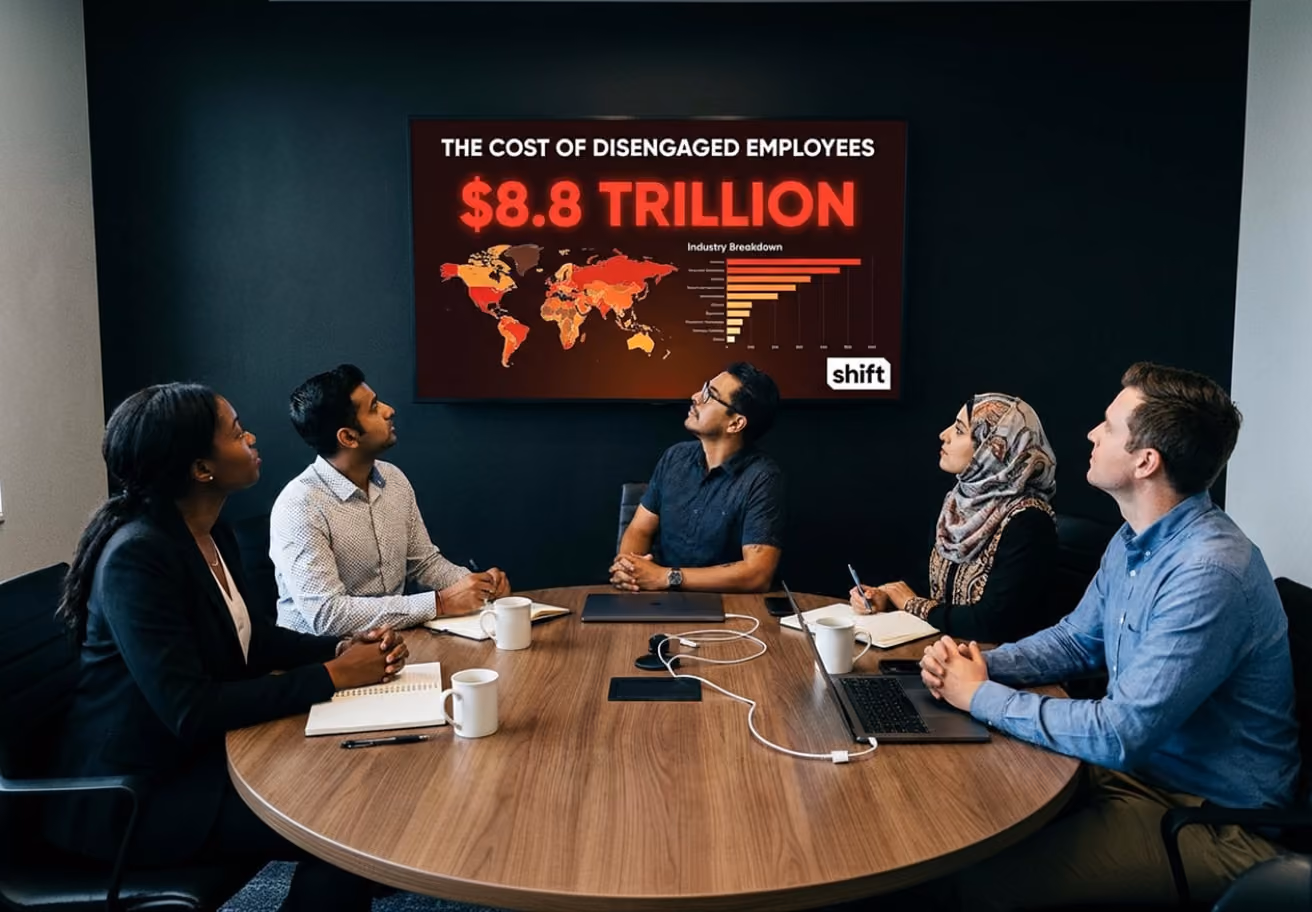 People seated at a conference table, viewing a screen displaying the financial impact of dangerous employees.