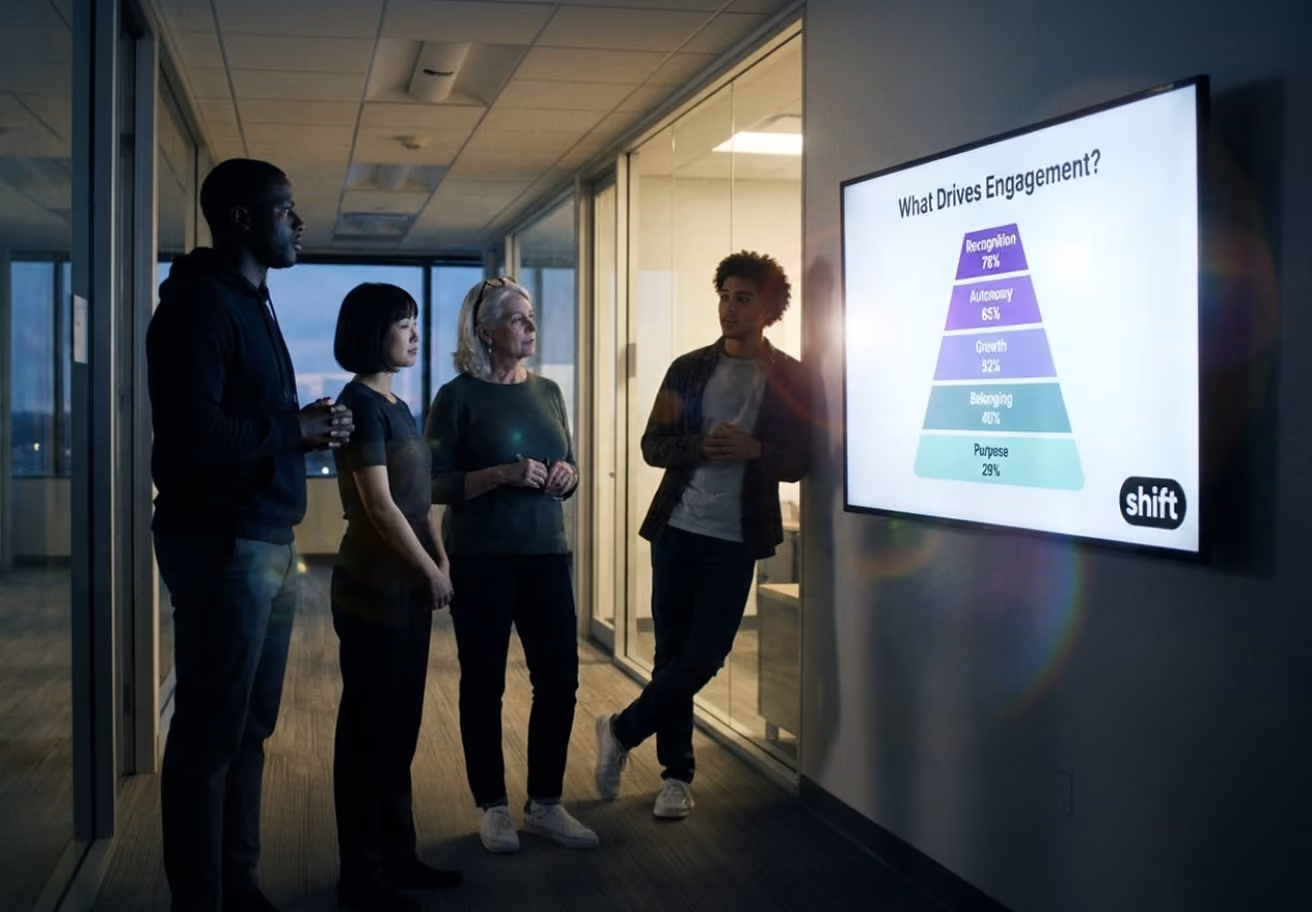 Attendees stand in front of a large screen, which displays a presentation, as they listen and interact with the speaker.