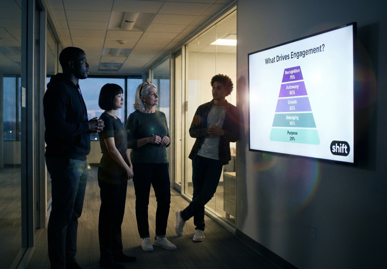 Attendees stand in front of a large screen, which displays a presentation, as they listen and interact with the speaker.