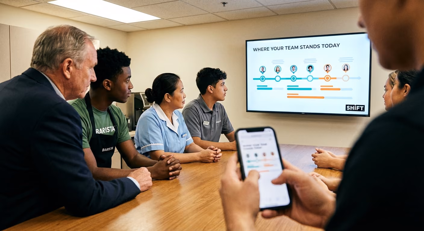 A group of people gathered around a table, engaged in discussion with a screen displaying information in the center. 