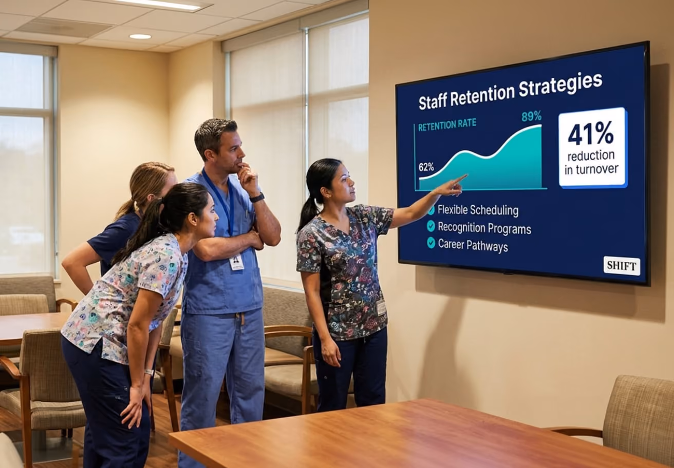 A group of people in a hospital room attentively watching a large screen displaying medical information.