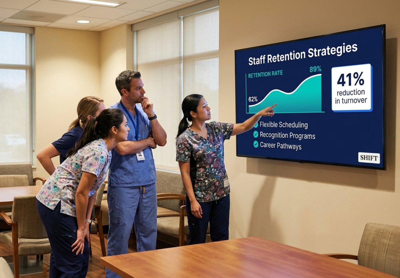 A group of people in a hospital room attentively watching a large screen displaying medical information.