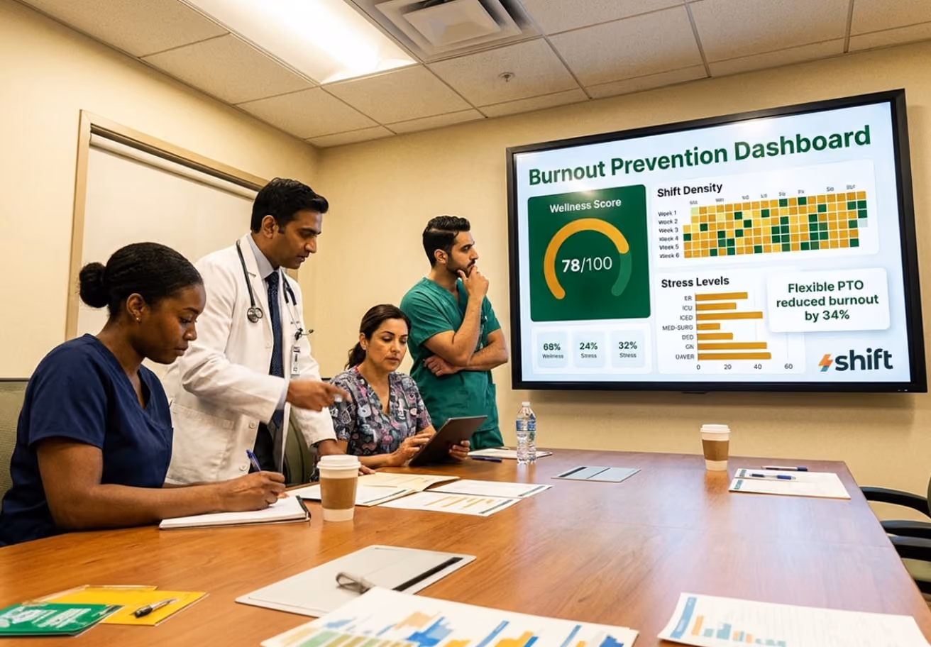 A group of doctors and nurses engaged in discussion in a conference room setting.