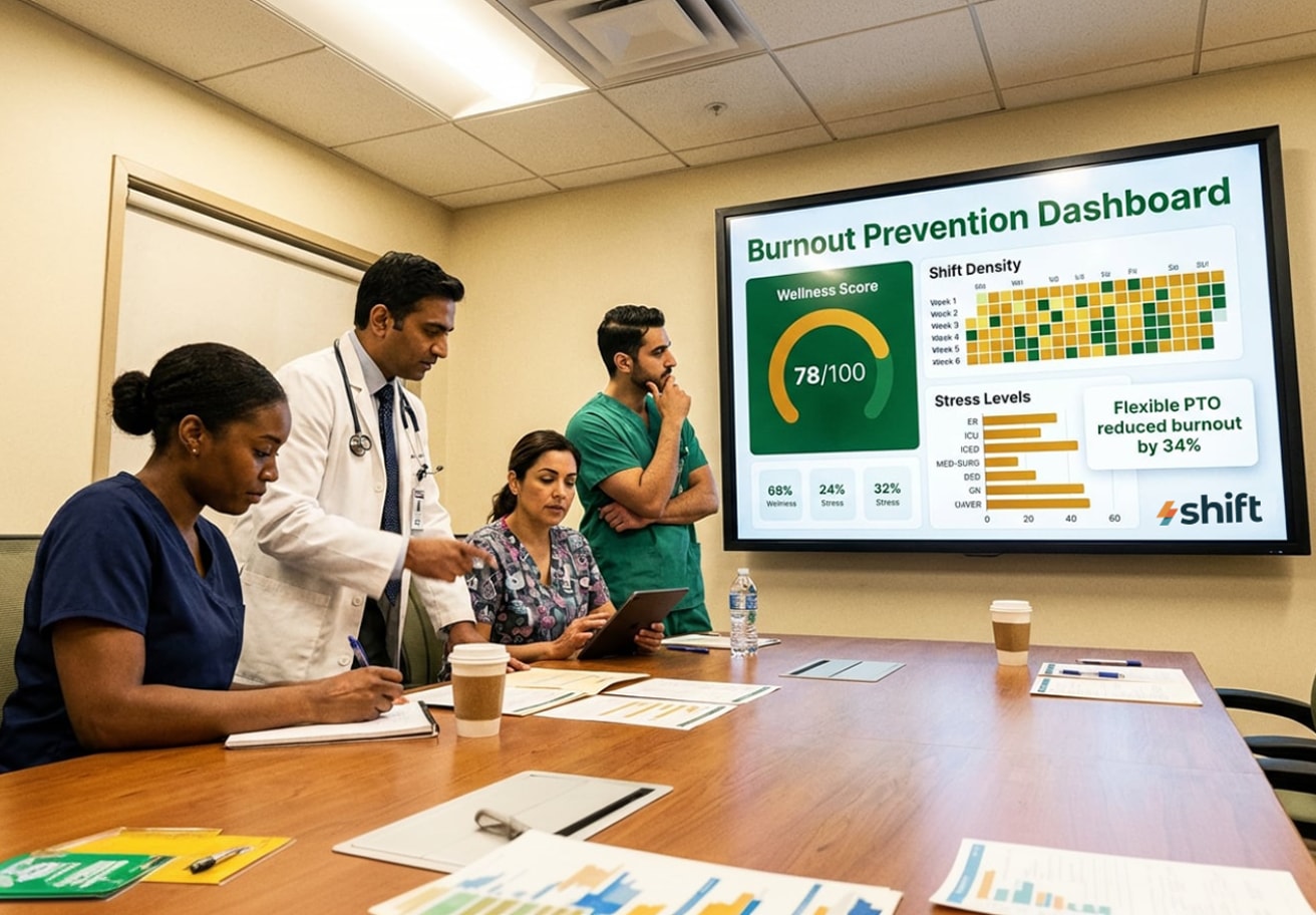 A group of doctors and nurses engaged in discussion in a conference room setting.