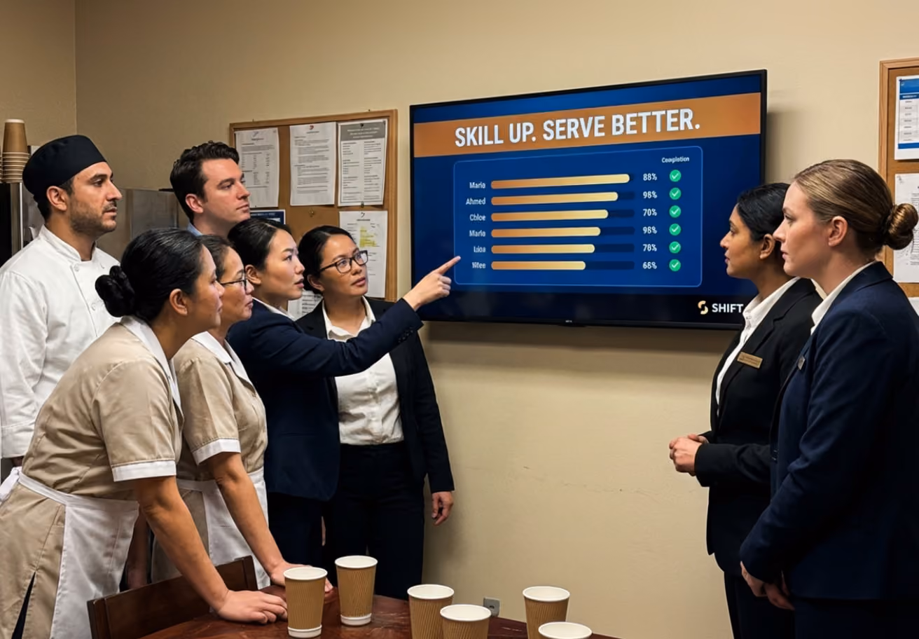 Several individuals gather in front of a large screen, engaged in discussion or viewing content together.