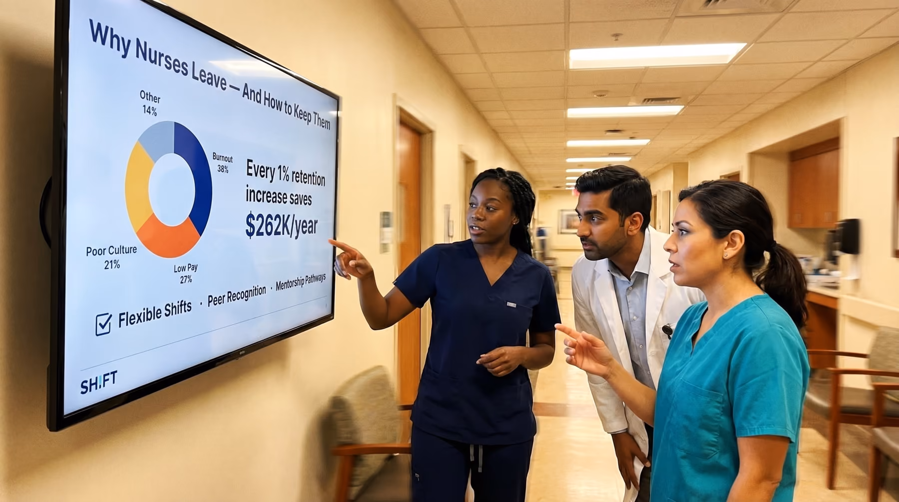 Three healthcare professionals in scrubs observe a large screen displaying medical data or images. 