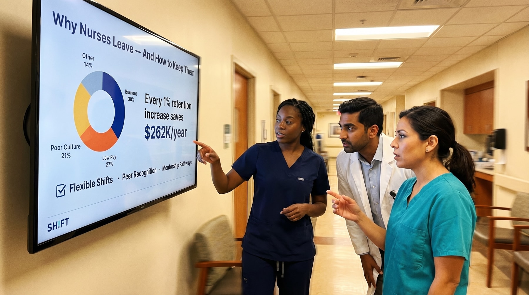Three healthcare professionals in scrubs observe a large screen displaying medical data or images. 