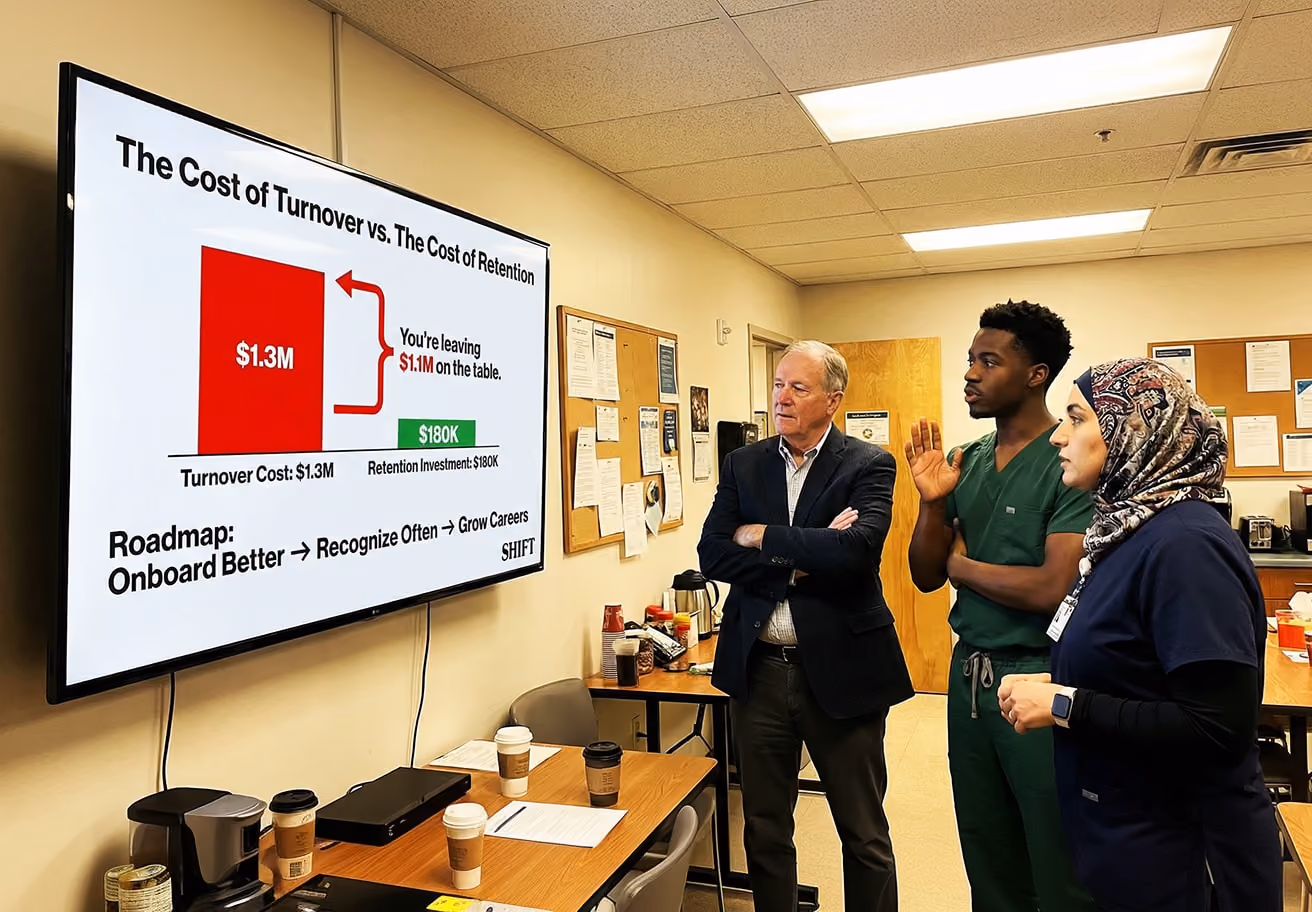 Several individuals in scrubs focused on a television screen, engaged in discussion or observation.