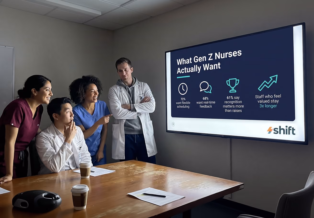 A group of healthcare professionals in scrubs attentively watching a TV screen together.