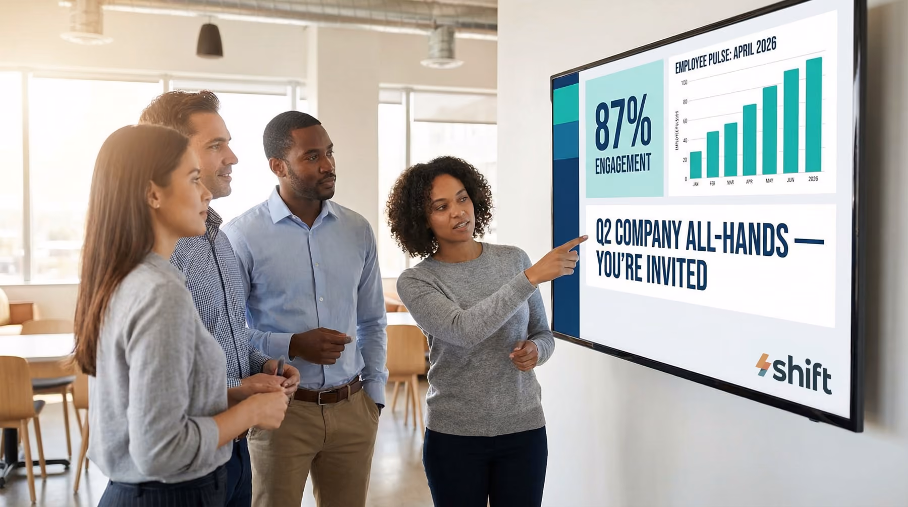 Several individuals stand around a large screen, which shows a graph, as they collaborate and share insights. 