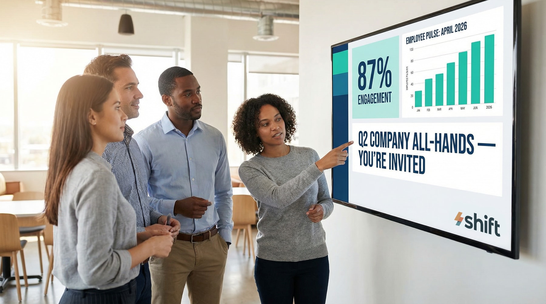 Several individuals stand around a large screen, which shows a graph, as they collaborate and share insights. 