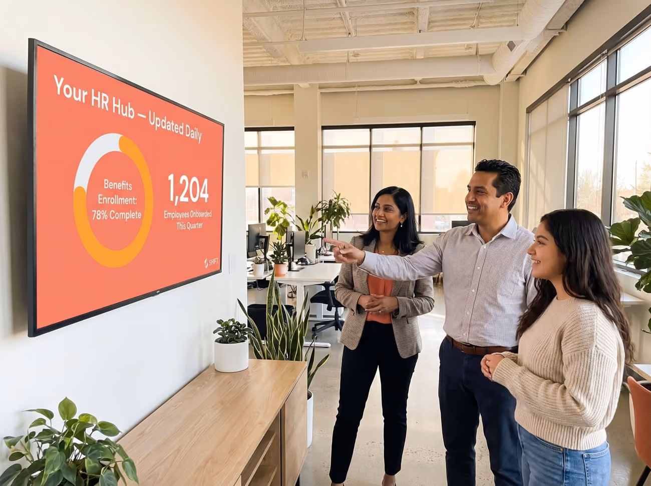 Three people are positioned in front of a large screen that features a graph, indicating a collaborative analysis of the data.