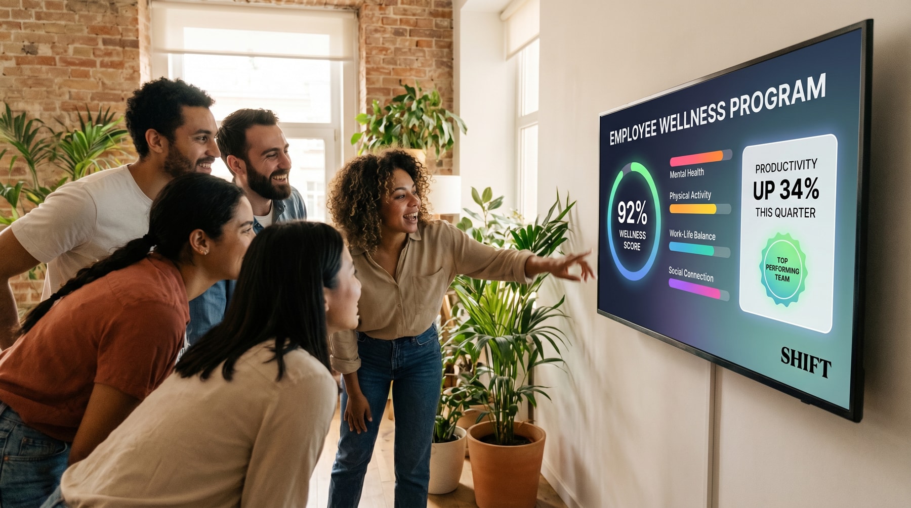 A group of people gathered around a TV displaying a bar chart, engaged in discussion and analysis of the data.