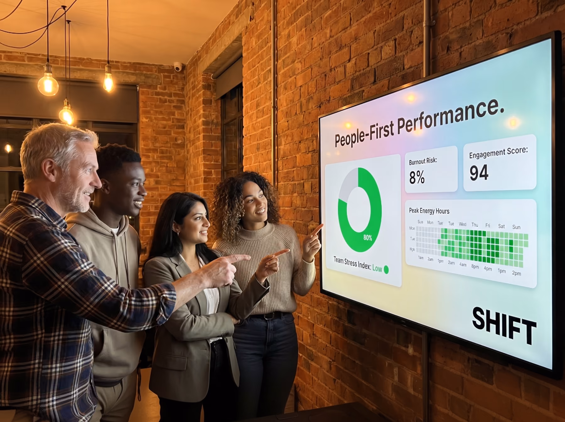 A diverse group of people stands together in front of a large screen displaying information or visuals.