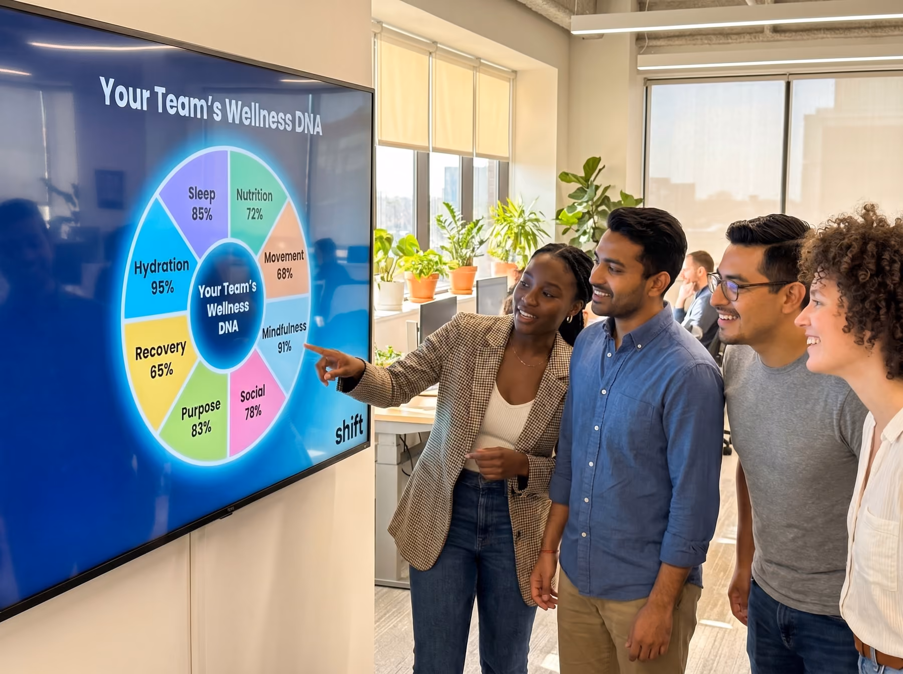 Several individuals gather in front of a large screen, engaged in discussion or viewing content displayed.