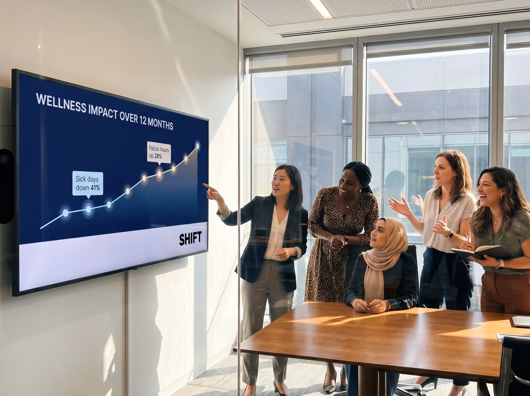 A group of people stands before a large screen, likely participating in a presentation or event.