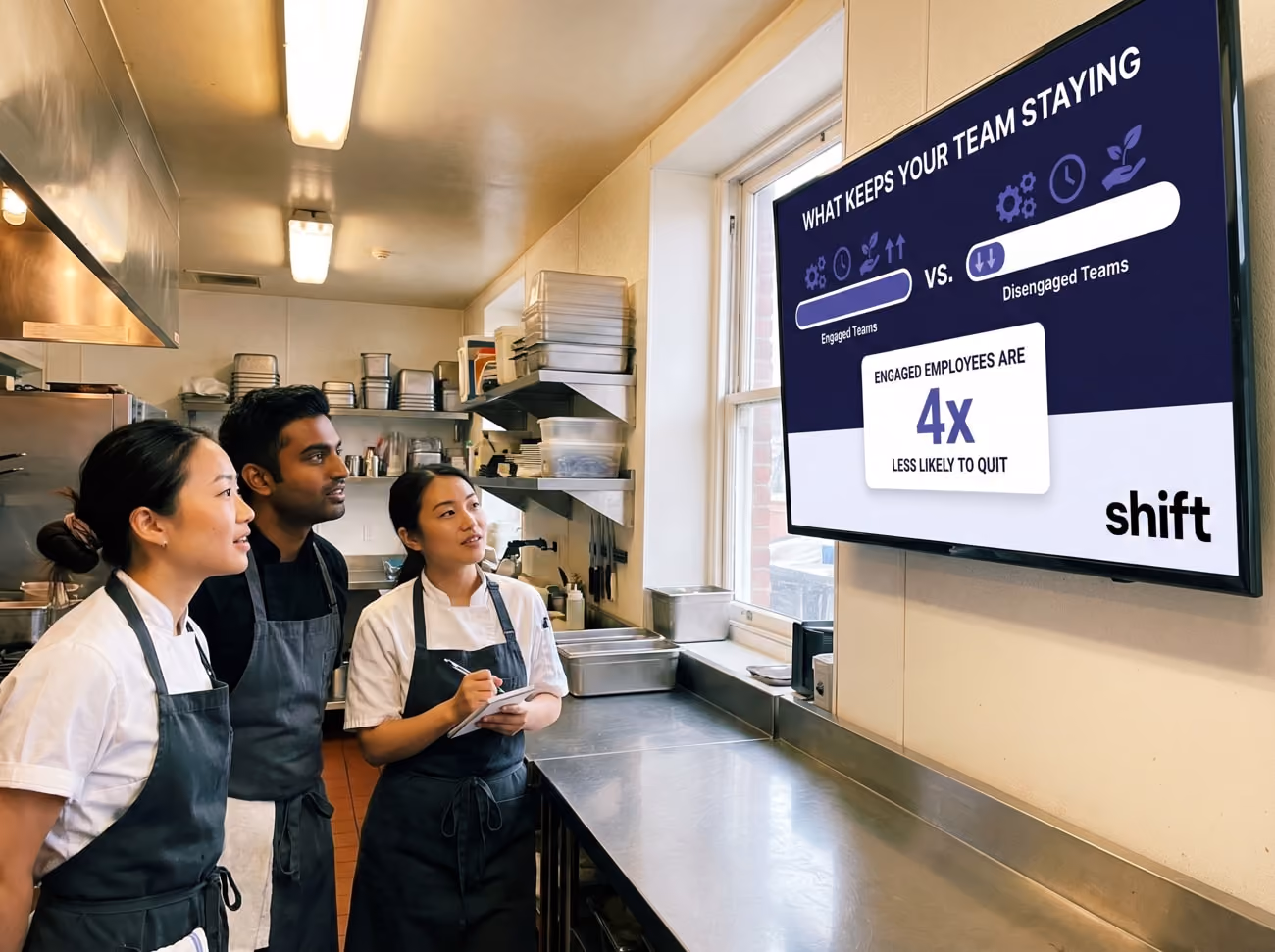 Three people are positioned in front of a large screen that features a graph, indicating data analysis or presentation.