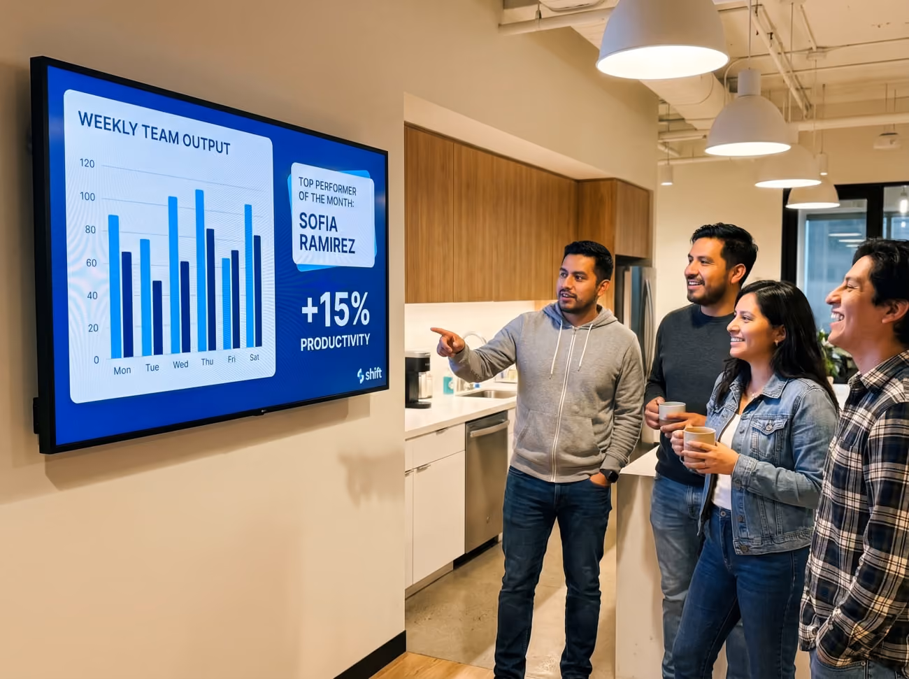 Three people are positioned in front of a large screen that features a detailed bar graph, analyzing the data presented.