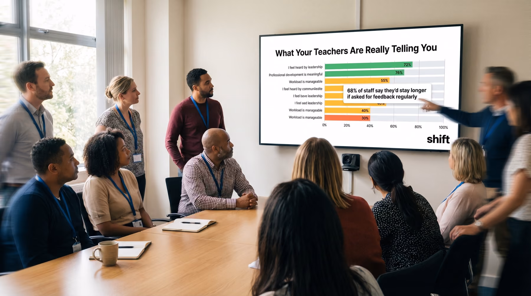 A group of people in a meeting room attentively watching a presentation on a screen. 