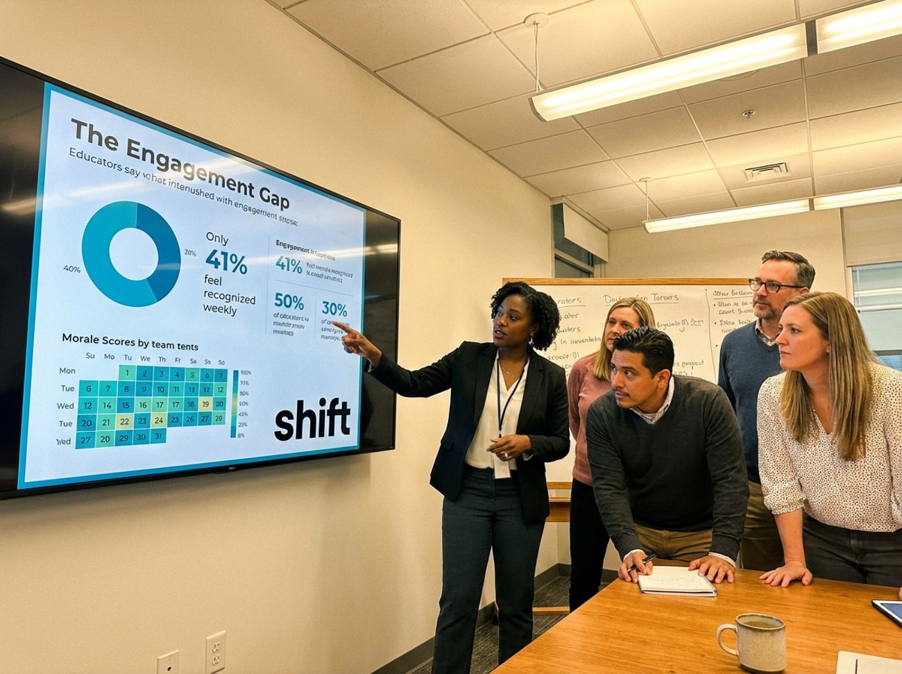 A diverse group of people gathered around a large screen, engaged in discussion or viewing content together.
