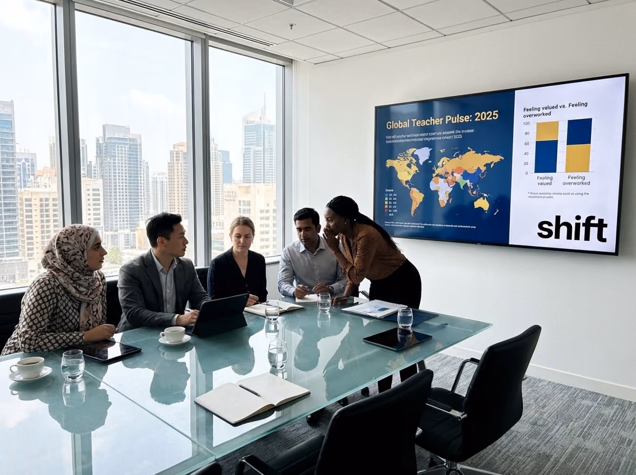 Several individuals standing around a large screen, actively interacting or observing the displayed information.
