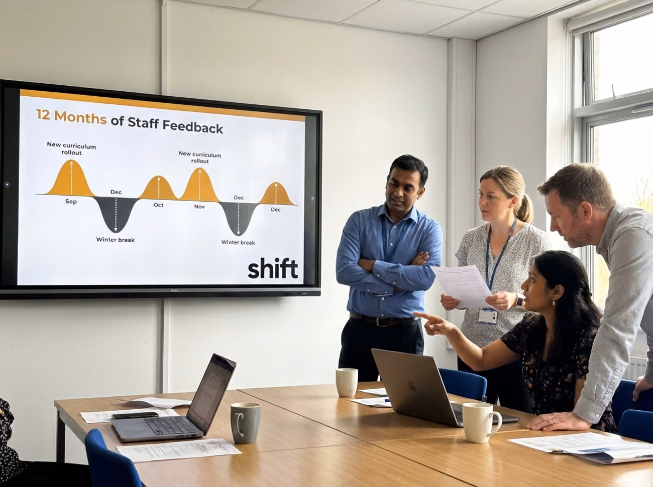 A team of people surrounding a large screen, focused on the presentation or visuals being shown.