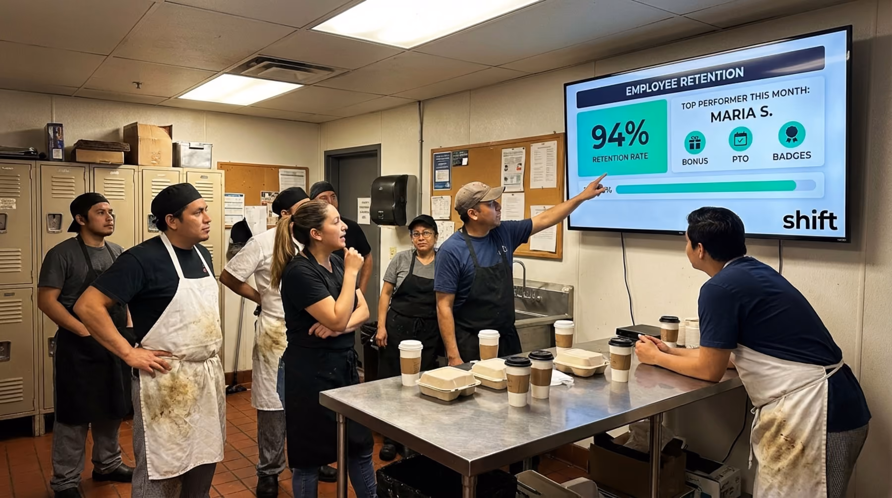 A group of people gathered in a kitchen, engaging with a large screen displaying cooking instructions or recipes. 