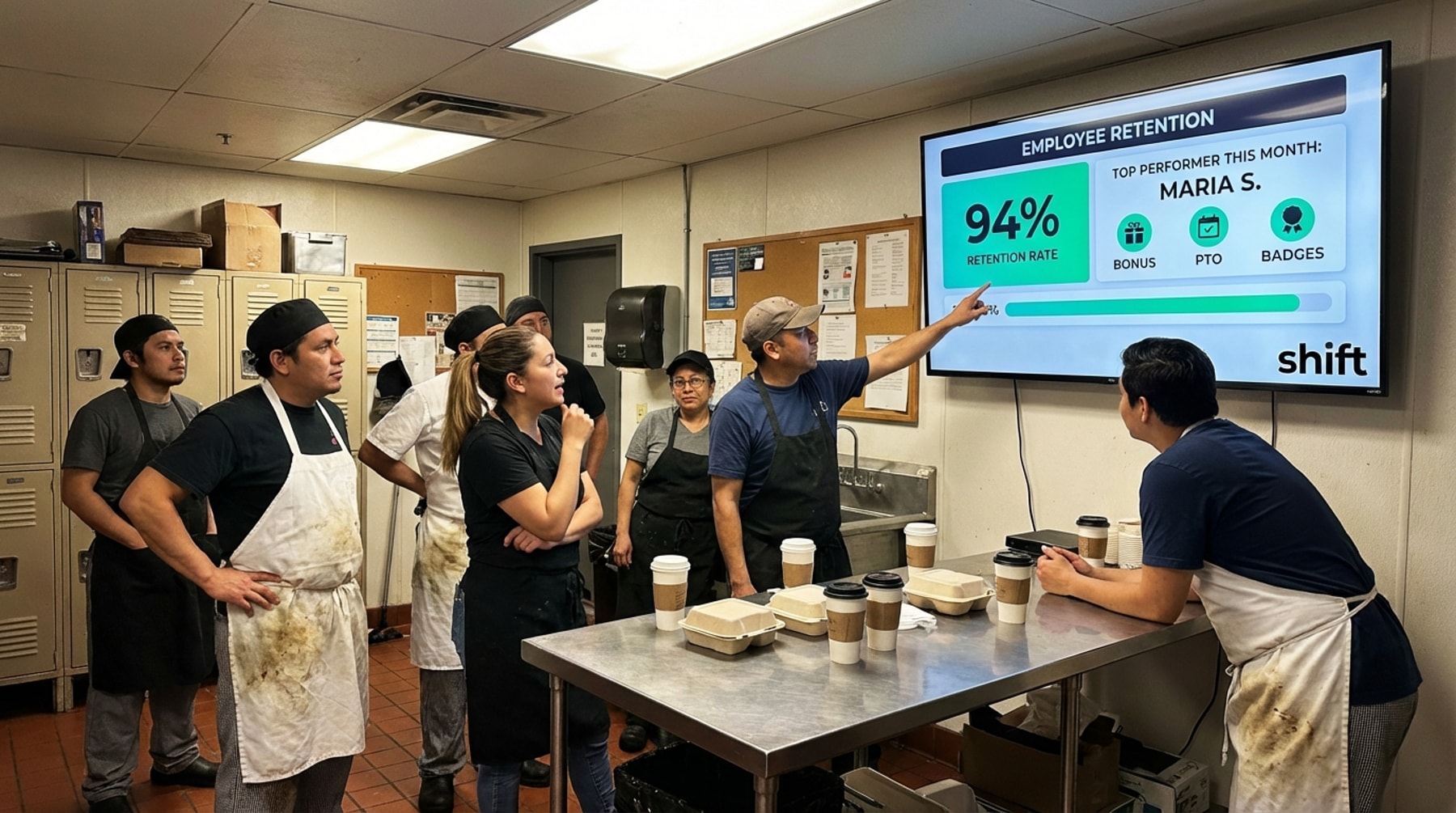 A group of people gathered in a kitchen, engaging with a large screen displaying cooking instructions or recipes. 